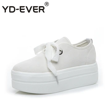 

YD-EVER 6.5cm canvas women shoes platform wedge shoes high heel lace up casual shoes fashion pumps height increasing sneakers