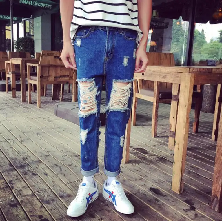 Новинка мужская одежда мода певица уличный стилист волос джинсы девять точек брюки джинсы с большими дырами плюс размер костюмы - Цвет: Синий