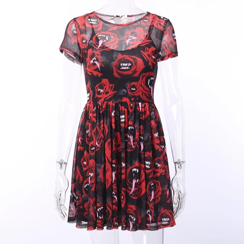 

Black Red Mini Dress Women's Mesh Gothic Rose Print Punk Style Streetwear Dress Female Girls Vintage Retro Dresses