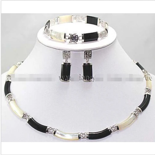 

Natural Black White Jade Link Necklace Bracelet earrings Set^^^18K GP style Fine jewe Noble Natural jade FREE SHIPPING