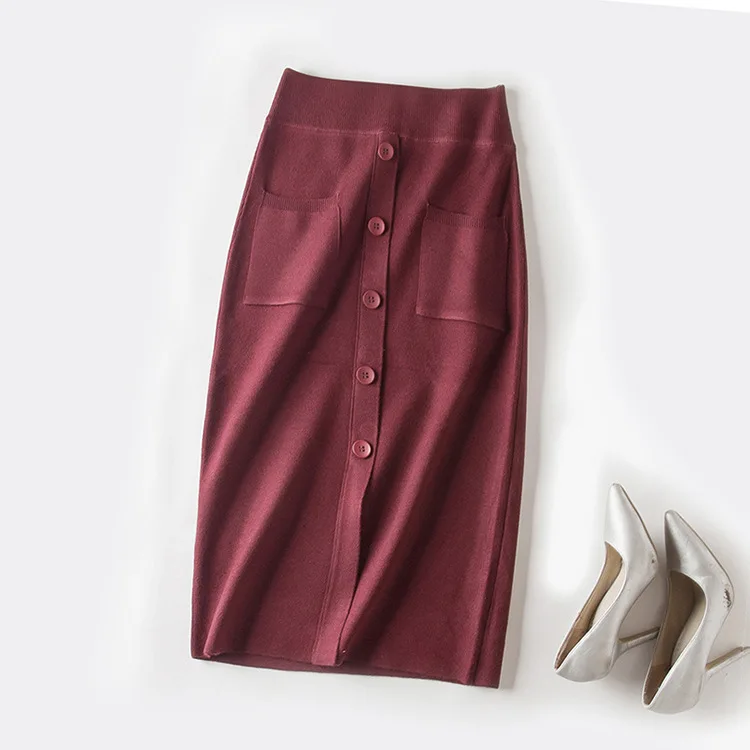 line Midi Faldas Mujeres Solo Gtgyff A Mujer borgoña Negro caqui gris Con Split Otoño Invierno Bolsillos Alta Cintura Falda Punto De Estiramiento Caliente Breasted xwA0YAUS