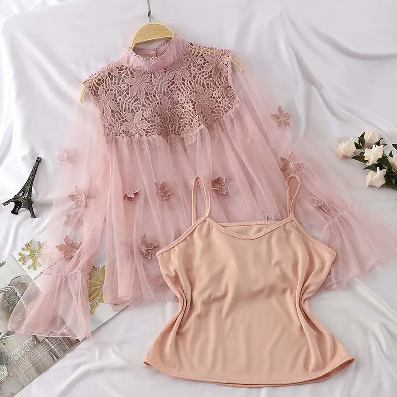 

Chiffon Butterfly Embroidery Shirts 3D Flowers Lace Hook Mesh Blouses Long Flare Sleeved Stand Collar Floral Tops Blusas Mujer