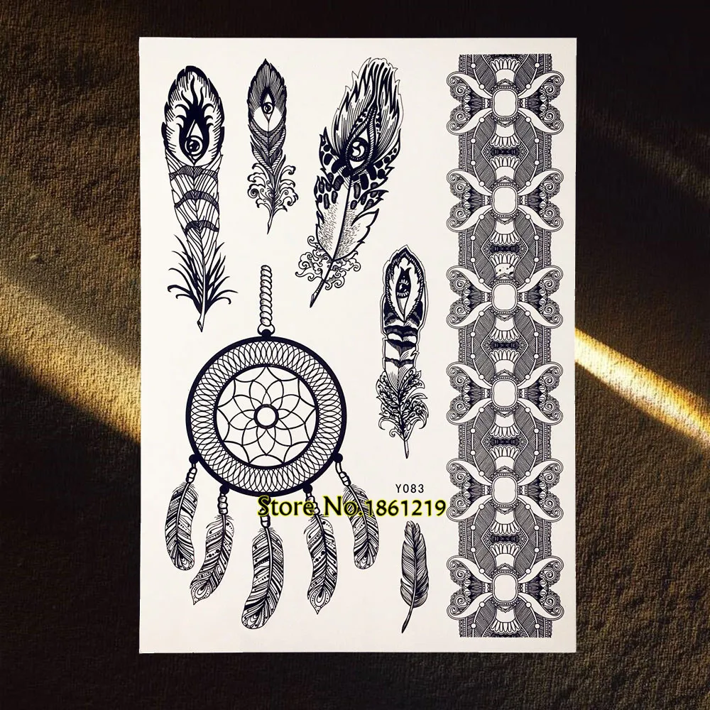 

Black Dreamcatcher Wateproof Temporary Tattoo Feather Large Bracelet Water Transfer Tattoo Stickers Dream Catcher For Kids WOmen