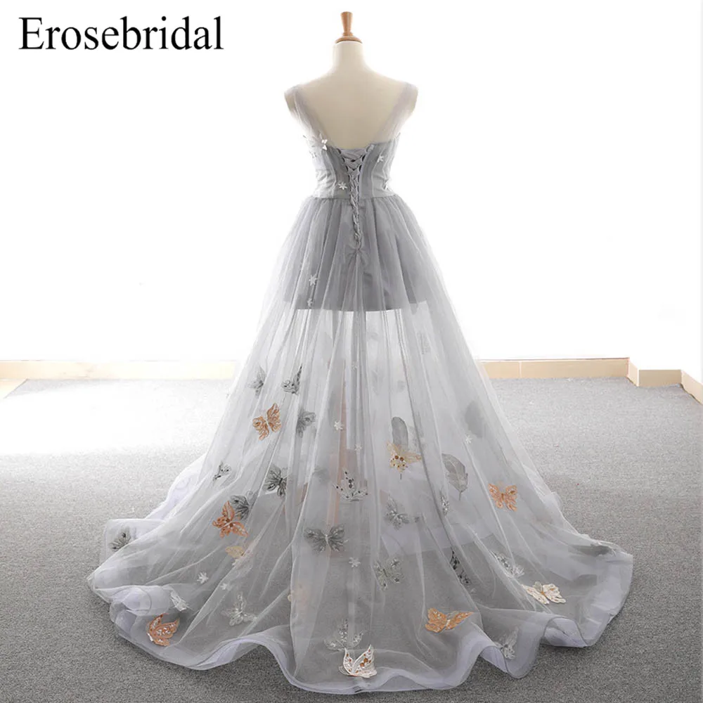 Simple Tulle Grey 2019 Evening Dress Long A Line Sexy Illusion Bodice Elegant robe de soiree Lace Up Back Vestido De Festa Simple Tulle Grey 2019 Evening Dress Long A Line Sexy Illusion Bodice Elegant robe de soiree Lace Up Back Vestido De Festa