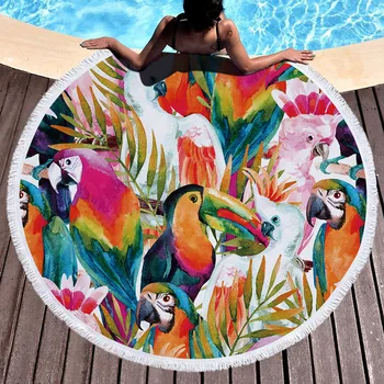 

Microfiber Large Round Beach Towel With Tassels Tropical Rainforest Parrot Print Summer Women Sandy Swimming Sunbath Bath Towels