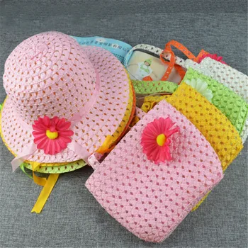 

Girls Kids Beach Flower Straw Hats Bags Hat Cap Tote Handbag Bag Suit Children Summer Sun Hat 54CM For 3-7 Years
