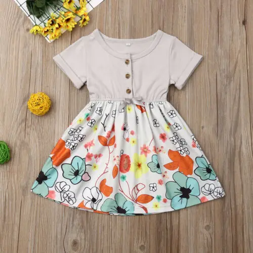 

Cotton Crew Neck Short With Three Botton Floral Toddler Baby Girls Summer Party Dress Princess Pageant Sundress