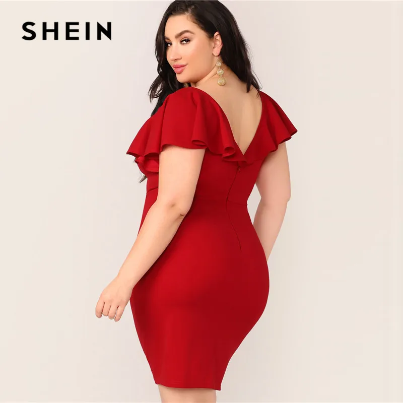 Шеин размера плюс, Красное Облегающее платье с молнией на спине и рюшами,, женское летнее элегантное облегающее платье-карандаш с рукавом-бабочкой и v-образным вырезом, плюс платье