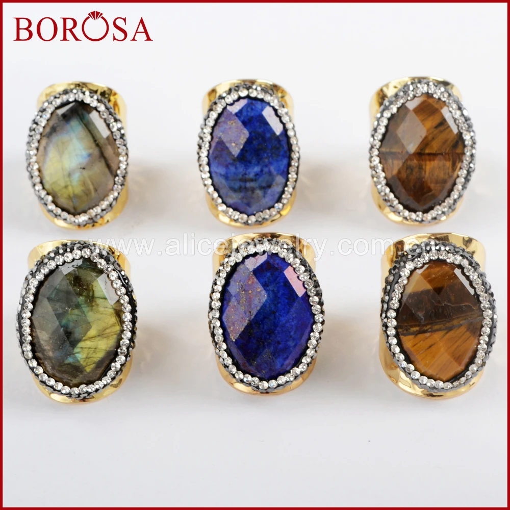 

BOROSA 5/10PCS Oval Gems Faceted Stone Gold Band Rings,Size 7 Rhinestone pave Druzy Labradorite Tiger Eye Rings Jewelry JAB931
