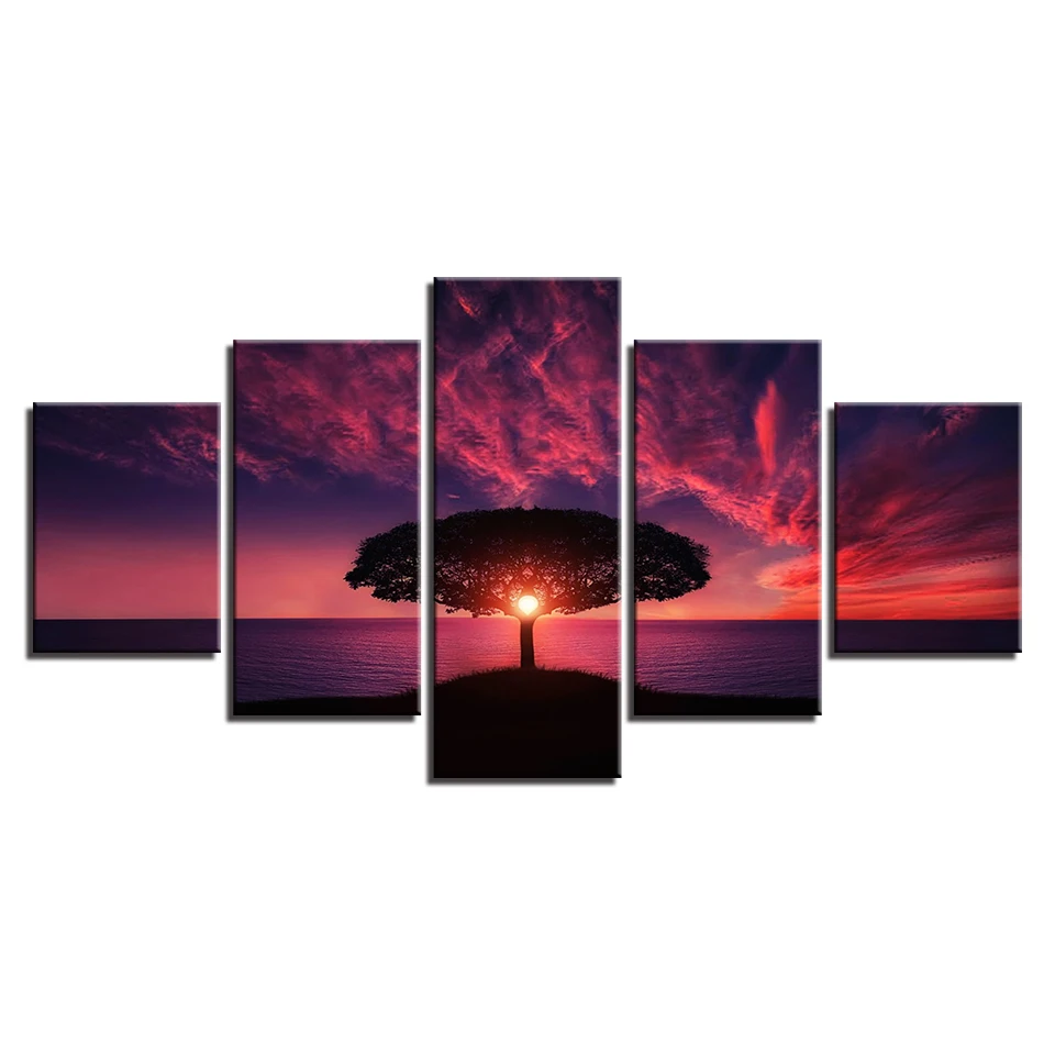 Холст Картины Wall Art рамки 5 шт. дерево красный закат на море пейзаж картины HD