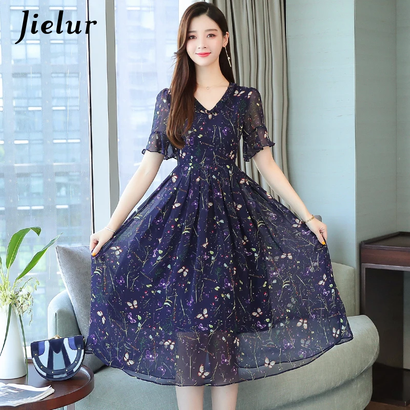 

Jielur Floral Chiffon Summer Dress V-neck Hipster Dress Women Chicly Short Sleeve Vestidos New Slim Robe Femme 2019 S-XXL