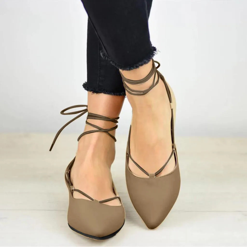

Women Pointed Toe Shoes Shallow Mouth Flat Heel Lace-Up Casual Single Shoes #XTN