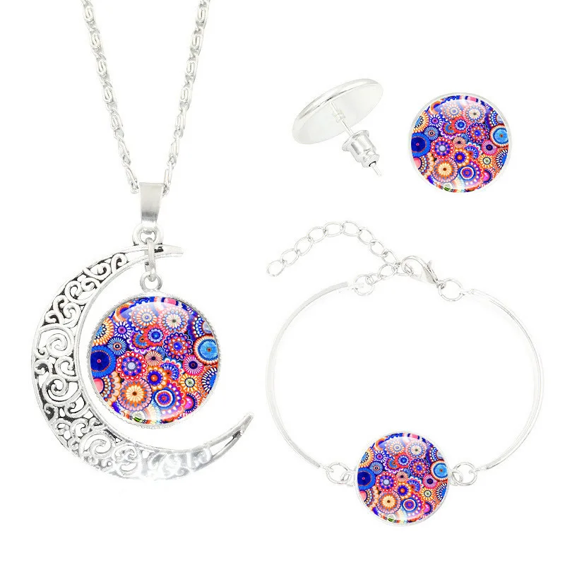 

12 Colors Bohemian Mandala Flower Necklace Bracelet Earrings Jewelry Sets Gem Moon Pendant Yoga Jewelry Christmas Gifts