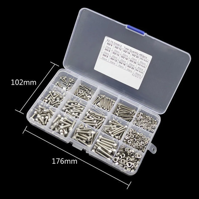 

480Pcs M2 M3 M4 Screws Set With Storage Box Stainless Steel Hex Socket Head Cap Screw Nut Kit LO88