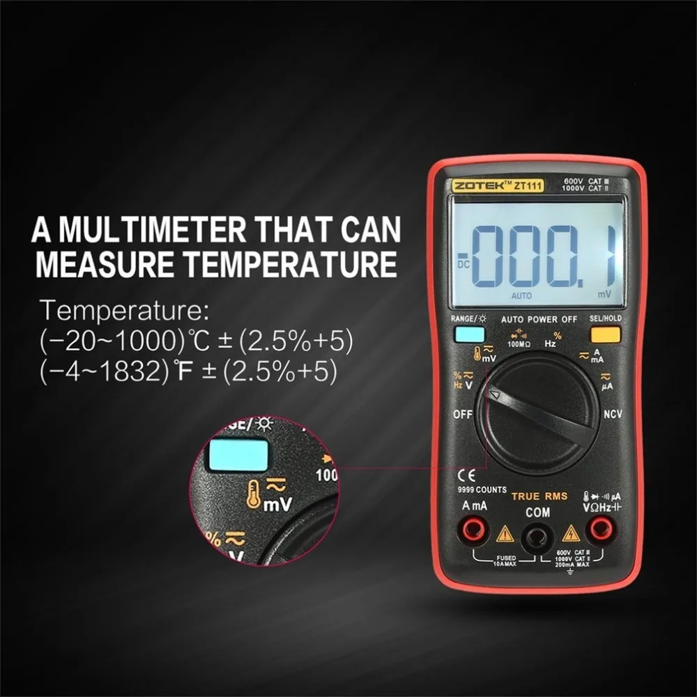 

True RMS ZT111 Digital Multimeter Tester 9999 Count AC/DC Multimetro Digital Ammeter Voltmeter Auto/Manual Range Temperature NCV