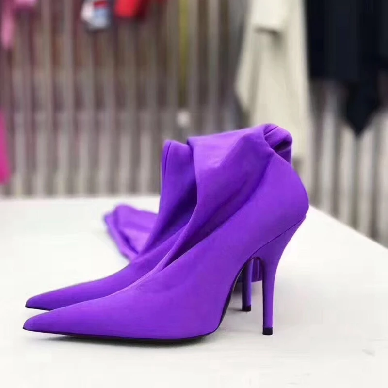 

Slip On Fashion Shoes Woman Pointed Toe High Heels Satin/Velvet Floral Print Ankle Boots Women Stretchy Sock Booties 42