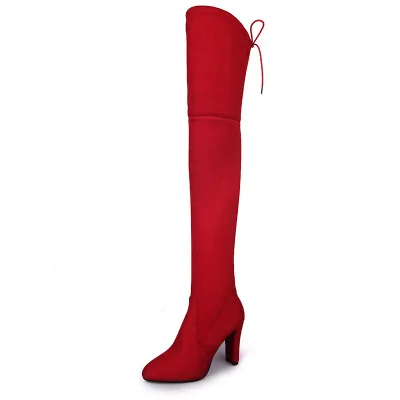 Пикантные вечерние сапоги; модная замшевая обувь; женские Сапоги выше колена на каблуке; зимние высокие сапоги из флока; botas A35-27 - Цвет: Красный
