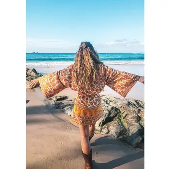 

Gypsy Orange Vintage Kimono Women Flare Long Sleeve Floral Print Loose Cardigan Jacket Summer Beach Boho Hippie Cover Up 2019