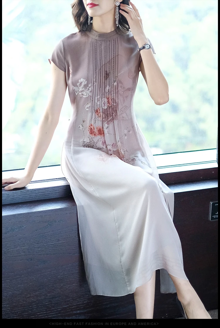 L-3XL, летнее женское платье большого размера, шелк, платье с принтом, повседневное, длинное, Cheongsam, китайский стиль, элегантные, большие размеры, вечерние платья