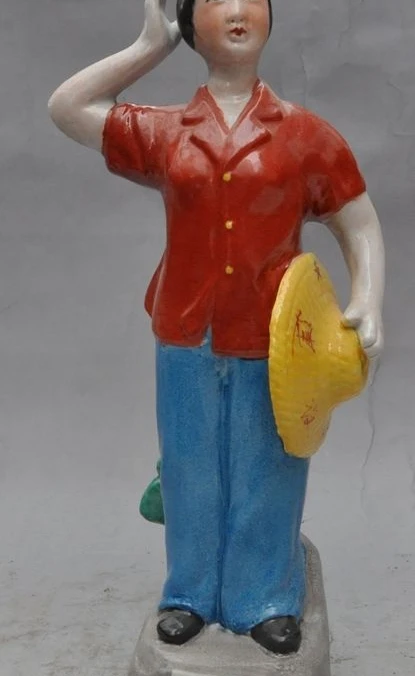 

12"old china Early 1950s wucai porcelain Educated youth Women Rustication statue