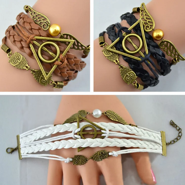 

Hot Harri Necklace Series Potter Magic Gifts Death Hallows Action Figure Retro Leather Cord Bracelet Golden Wings Owl Necklace