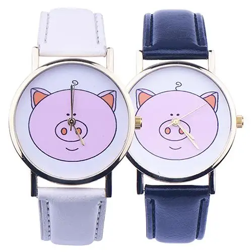 Women Cute Pig Pattern Faux Leather Band Analog Quartz Fashion Wrist Watches hot