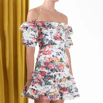 

Women Sexy Off Shoulder Halter Floral Print Dress Slash Neck Short Sleeve Short Dress Fashion Hollow Out Party Dress