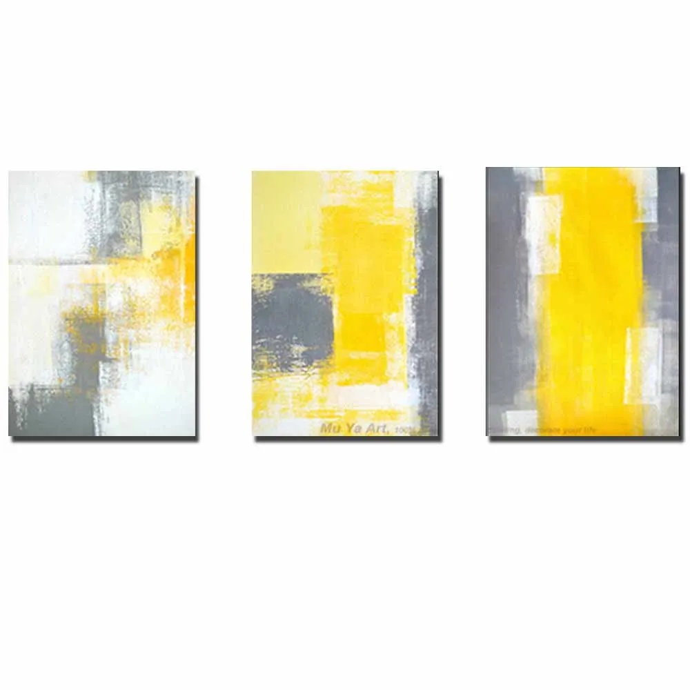 

Hand Painted Abstract Three Panels Yellow Grey Color Canvas Oil Painting Abstract Picture Living Room Bedroom Home Wall Decor