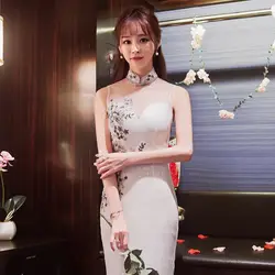 Белый Винтаж Cheongsam кружево вышивка блёстки современное Ципао китайский вечерние платья для женщин традиционное платье Oriental Qi Pao