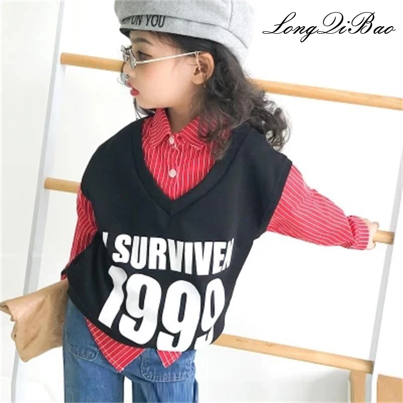 

Girls Sweater 2018 autumn clothing big children children new fake two-piece shirt collar casual printing hooded sweater