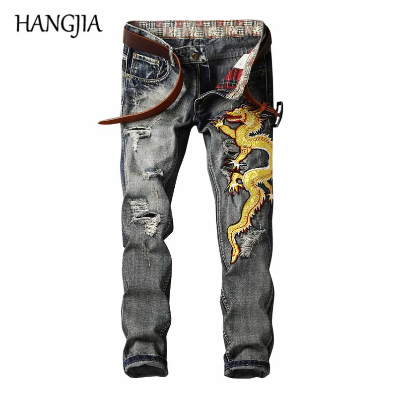 

2018 New Mens Embroidery Destroyed Hole Denim Pants Fashion Streetwear Trend Dragon Pattern High Quality Ripped Jeans