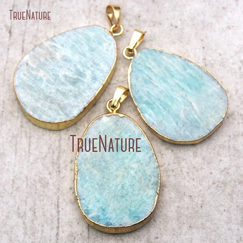 

Pure Amazonite Pendant Gold Color Free Form Pendant 44x37mm PM12390