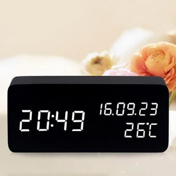 

Wooden LED Alarm Clock Sound Control Electronic Digital Clock Bedside Wake Up Desktop Table Clocks with Temperature Humidity