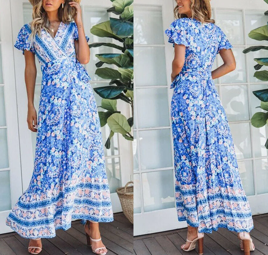 

Hot Sale 2019 Women Summer Casual Ladies Short Sleeve Boho Floral Party Dress Beach Split Casual V-neck Loose Maxi Dress