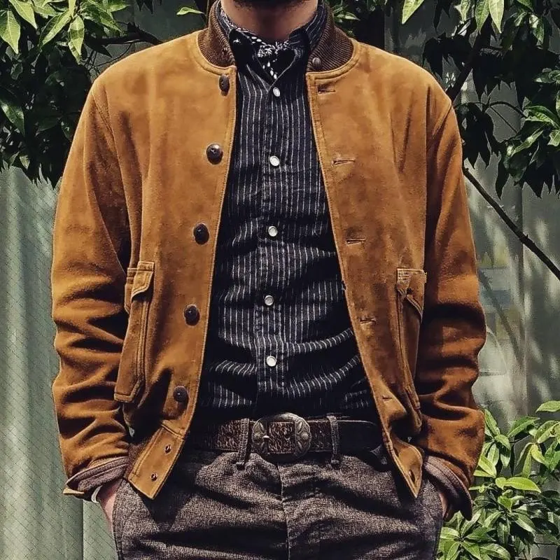 Vintage Cow Suede Jacket Men Genuine Leather Bomber Jackets Stand Collar Single Breasted Solid Pilot Coats Male Fashion Overcoat - Цвет: brown