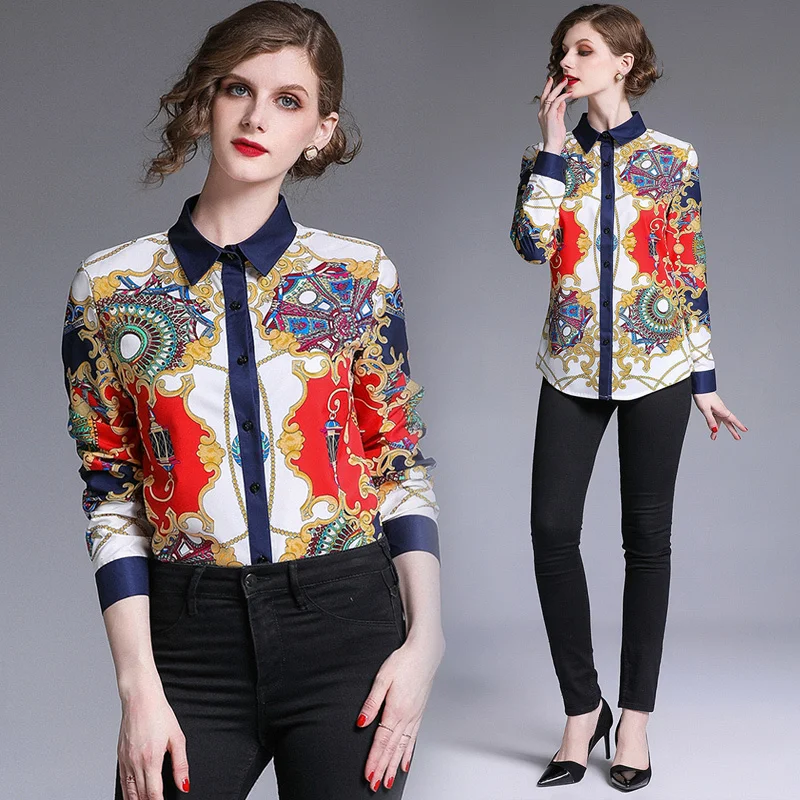 

New 2019 Spring Summer Fall Runway Vintage Print Collar Long Sleeve Button Front Up Down Womens Party Casual OL Top Shirt Blouse