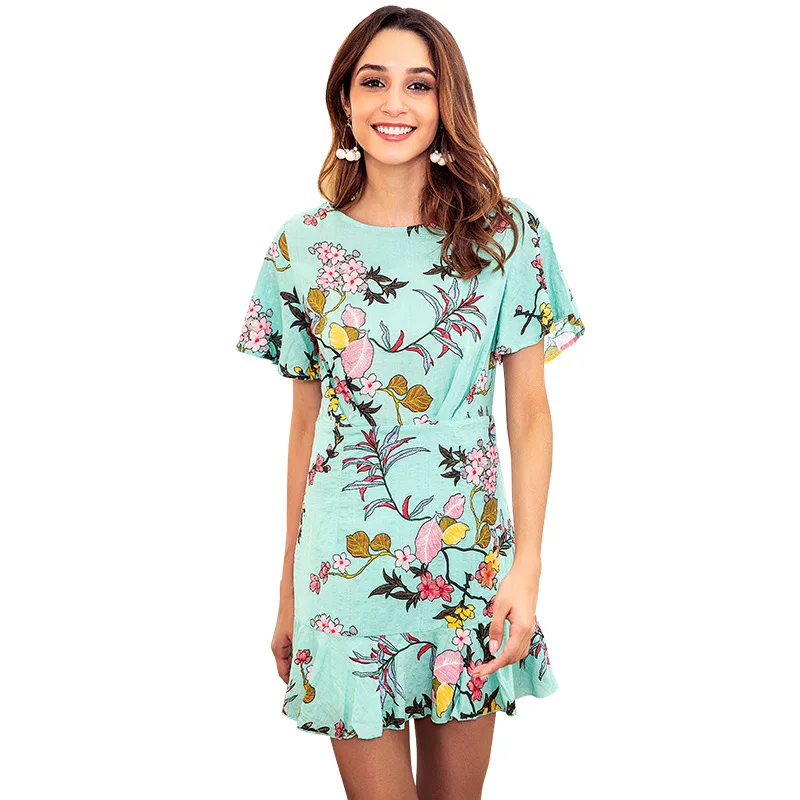 

2018 Summer Women Dress Green Print Dress Round Collar Short Sleeved Beach And Holiday Sweet style One-piece Casual Dress