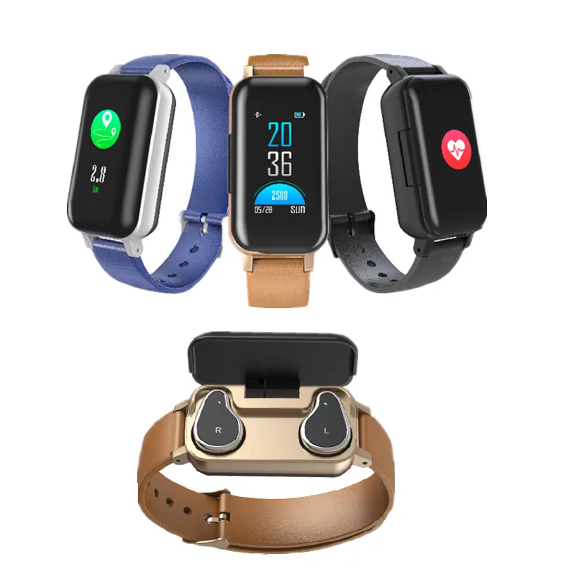 

T89 TWS Smart Binaural Bluetooth Headphone Fitness Bracelet Smart Wristband Heart Rate Monitor Sport Watch For IOS Android Phone