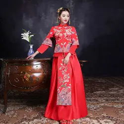 Модные красные Для женщин платье Цветочная вышивка кружево Cheongsam долго Qipao Китайская традиционная свадебное платье Oriental Стиль платья