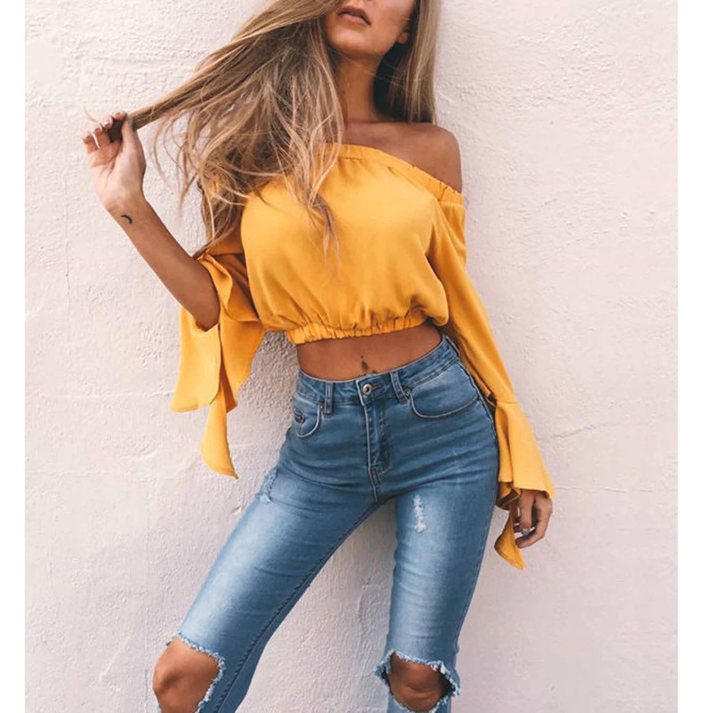 

Sexy Ladies Off Shoulder Blouses Chiffon Flared Sleeve Summer Casual Shirts Tops Solid Work Shirts Street Style Multi Size
