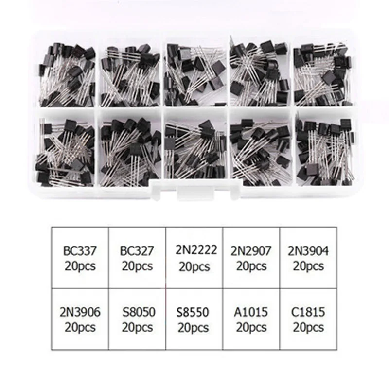 Комплект силовых транзисторов x20 NPN PNP с коробкой BC337/BC547/2N2222/S8050 200 шт. 10 типов |