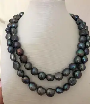 

double strands 11-12mm tahitian black green baroque pearl necklace 18"19"