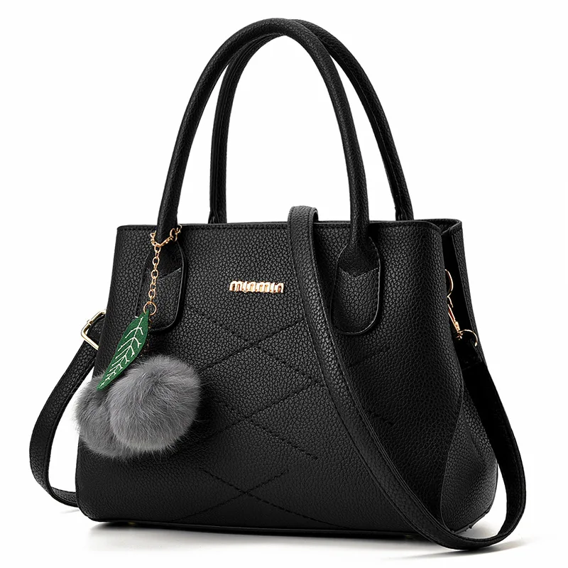 Women Casual Tote Bag PU Leather Shoulder Bags Fluffy Fur Ball ...