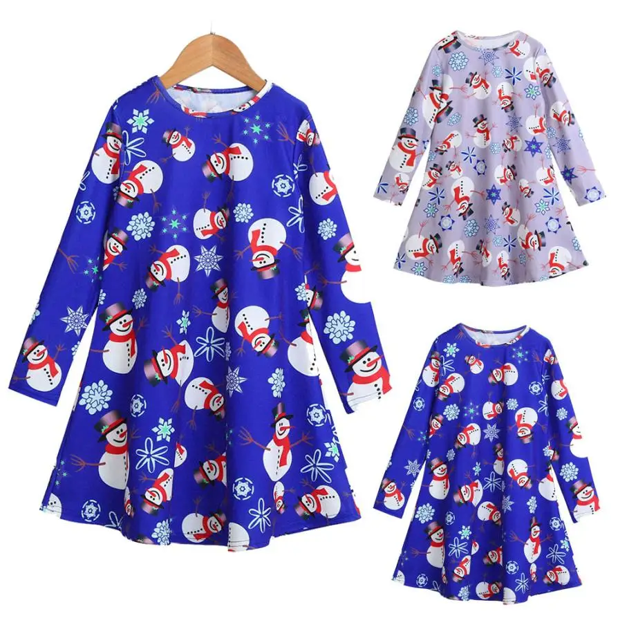 

Toddler Kid Baby Girl Christmas Snowman Clothes Long Sleeve Party Princess Dress OC31