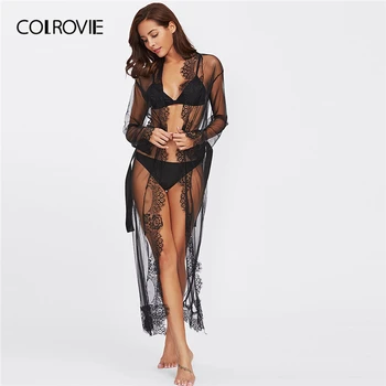 COLROVIE Eyelash Lace Trim Plus Size Mesh Robe With Belt Black Long Sleeve Ankle-length Kimono Blouse Women Sexy Sleepwear 1