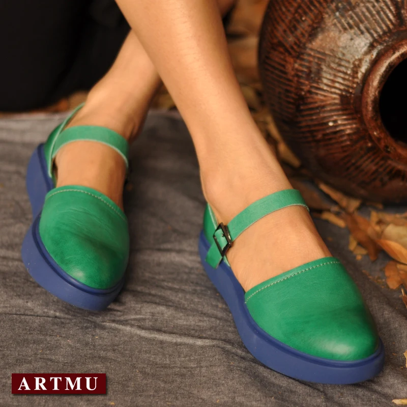 Artmu/Модные женские босоножки; обувь с пряжкой; туфли на плоской подошве из натуральной кожи; модельные туфли на плоской платформе; обувь зеленого цвета с закрытым носком; оригинальная Винтажная обувь