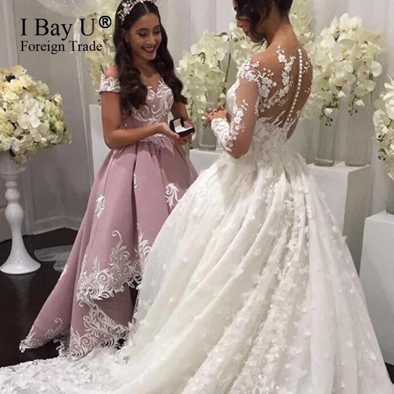 

White Lace Appliques Pink Satin Bridesmaid Elegant Prom Dress Party Formal Dresses Long High Neck Zipper Back Luxury Gown 2019