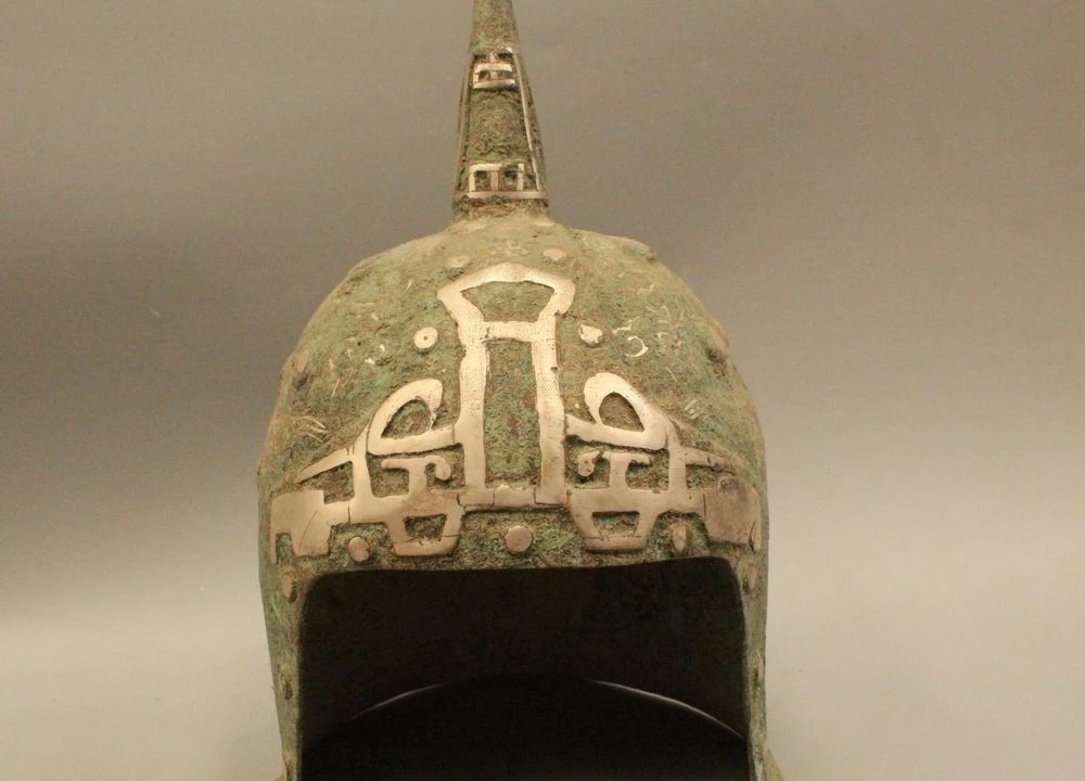 

14" Ancient Chinese Dynasty Palace Bronze Silver General helmet Cap Statue