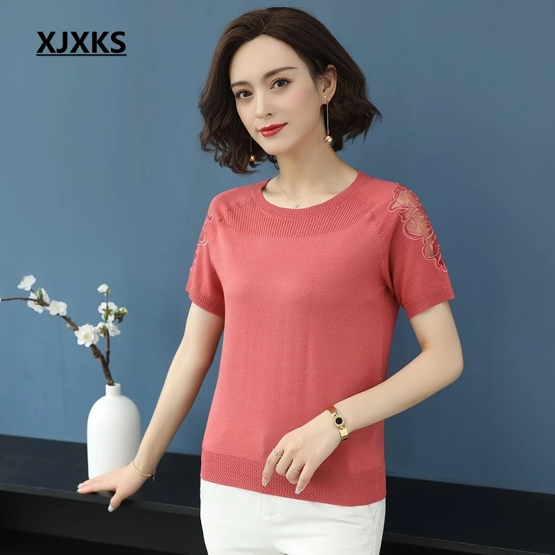 XJXKS женская футболка, женская трикотажная Тонкая Повседневная Женская одежда, большой размер, женская футболка с вышивкой, высокое качество, летние топы - Цвет: Красный
