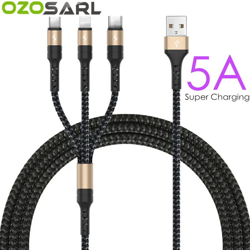 

5A USB Cable 3 in 1 Fast Charging Fabric Braide Type C Micro USB Charger Cable Black Gold Wire Cord for Huawei Mate 20 P20 Pro